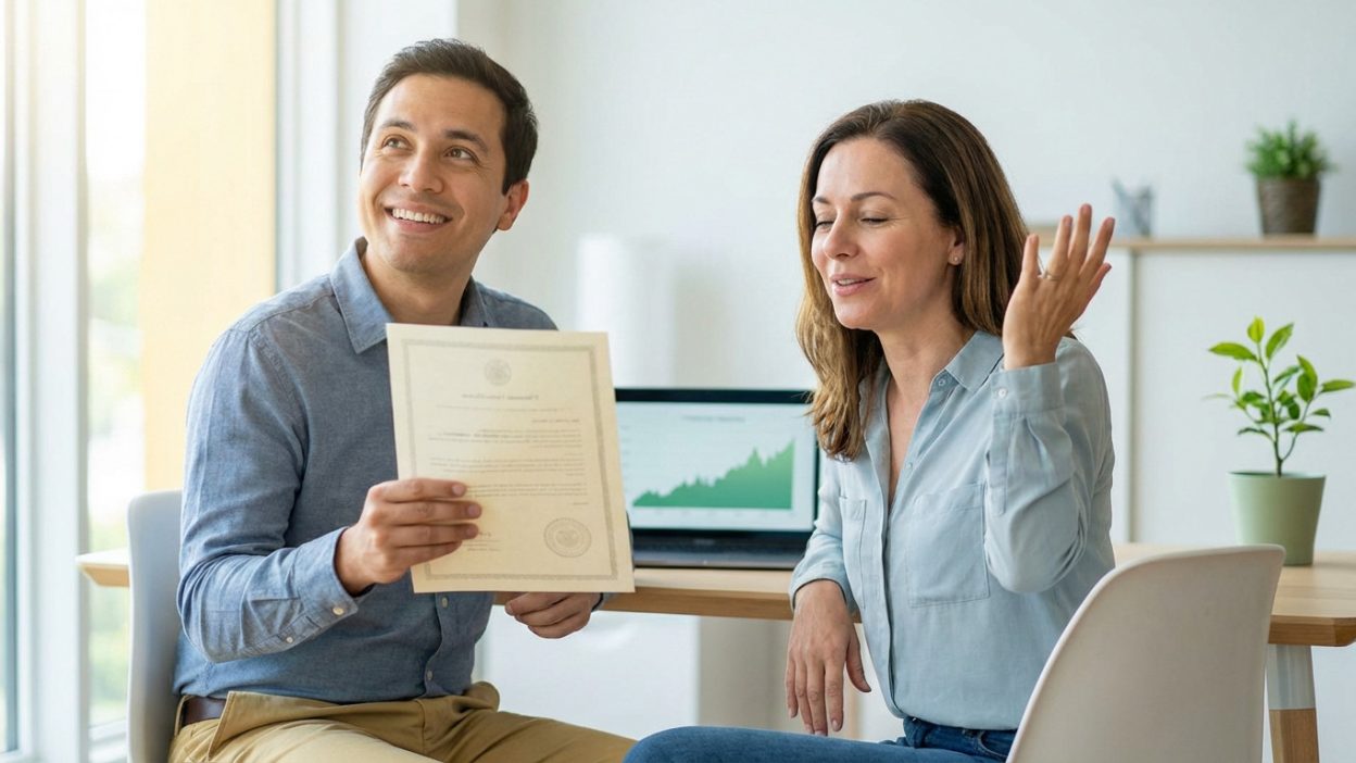 Two people, a man and a woman, smiling with relief and hope in a bright office. Man holds an official document; laptop shows a rising financial chart.