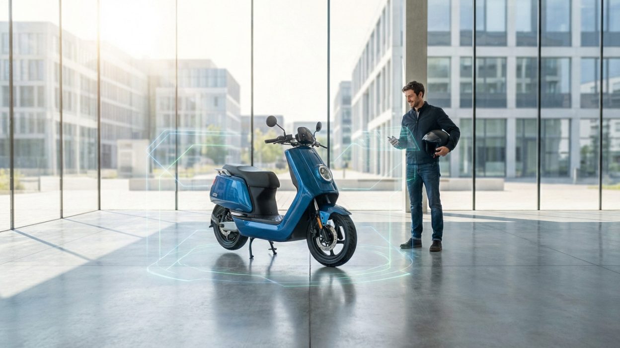 A man smiles at a sleek electric blue scooter in a modern showroom, surrounded by subtle digital patterns, holding a helmet and phone.