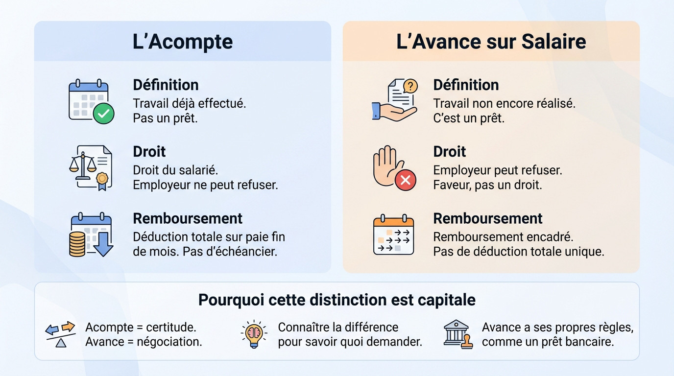 Schéma comparatif expliquant la différence entre un acompte sur salaire et une avance sur salaire