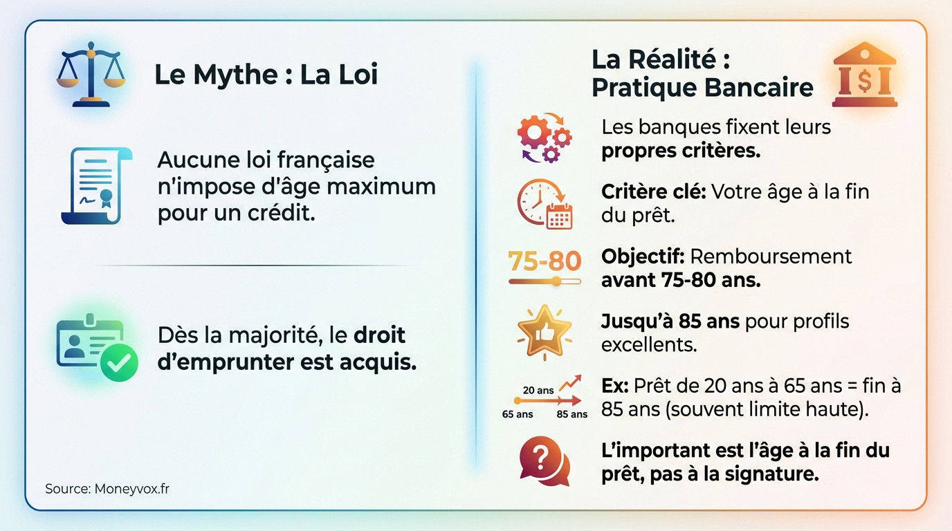 Comparaison entre l'absence de limite légale d'âge pour un crédit et la réalité des banques