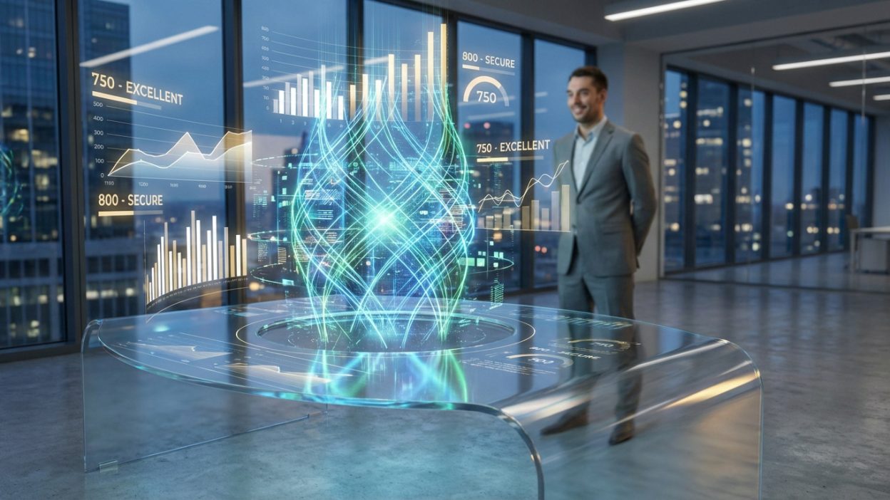 Glowing AI neural network on a holographic financial interface displaying charts, observed by a man in a modern office.