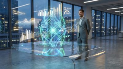 Glowing AI neural network on a holographic financial interface displaying charts, observed by a man in a modern office.