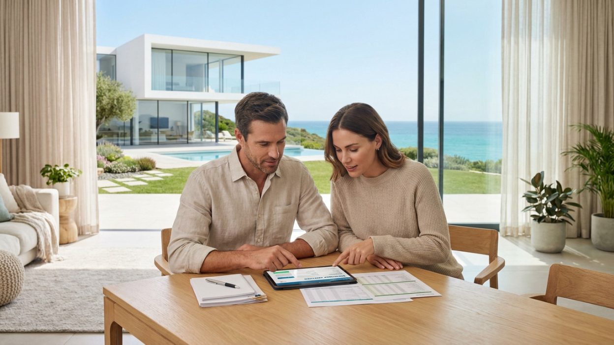 A couple reviews financial documents and a tablet application at a wooden table, overlooking a modern villa and azure sea.