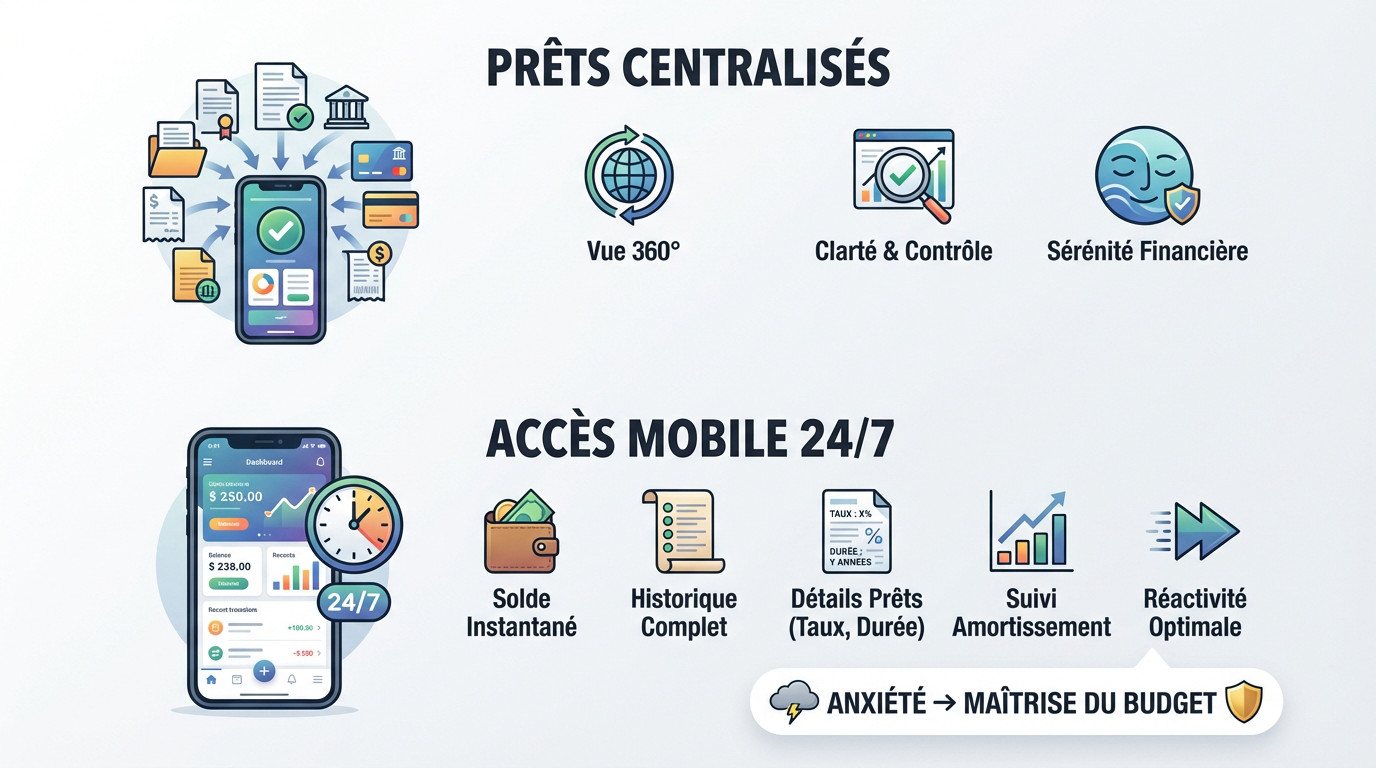 Interface d'application mobile affichant une vue centralisée des crédits et échéances