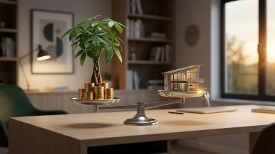 A sleek balance scale on a desk, with a money tree on gold coins on the left, and a model house with keys on the right, symbolizing financial choices.