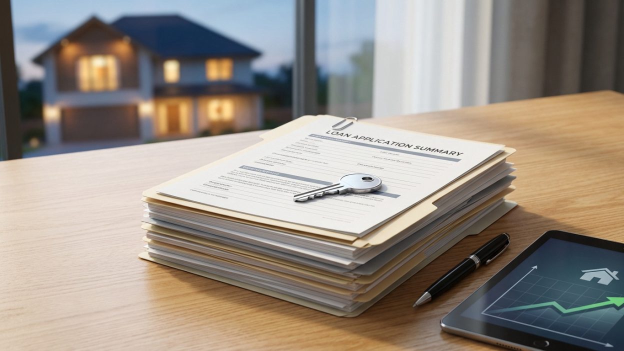 Stack of real estate loan documents with a silver house key, pen, and tablet on a wood desk. Blurred dream home in background.