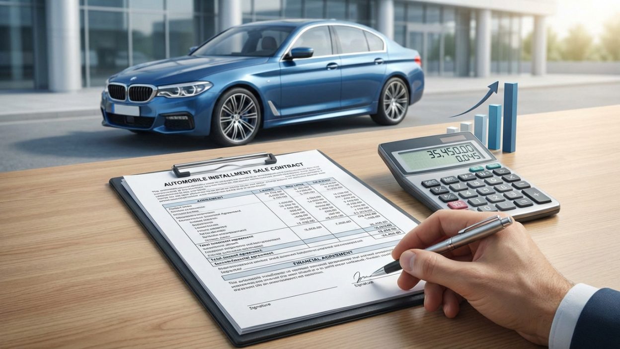 Hand poised to sign car loan contract with calculator, balloon payment chart, and blue sedan in sunlit background.