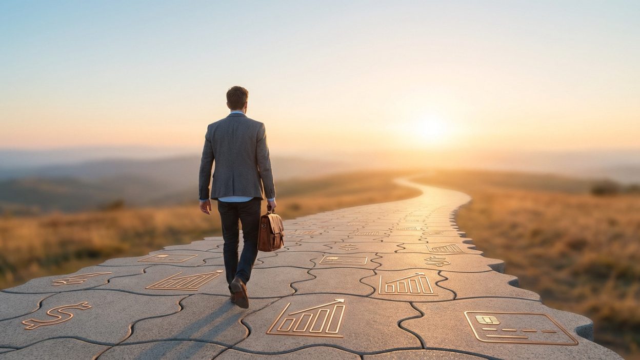 Un homme marche sur un chemin jalonné de symboles financiers vers un horizon doré, symbolisant la stabilité et la récupération.