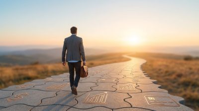 Un homme marche sur un chemin jalonné de symboles financiers vers un horizon doré, symbolisant la stabilité et la récupération.