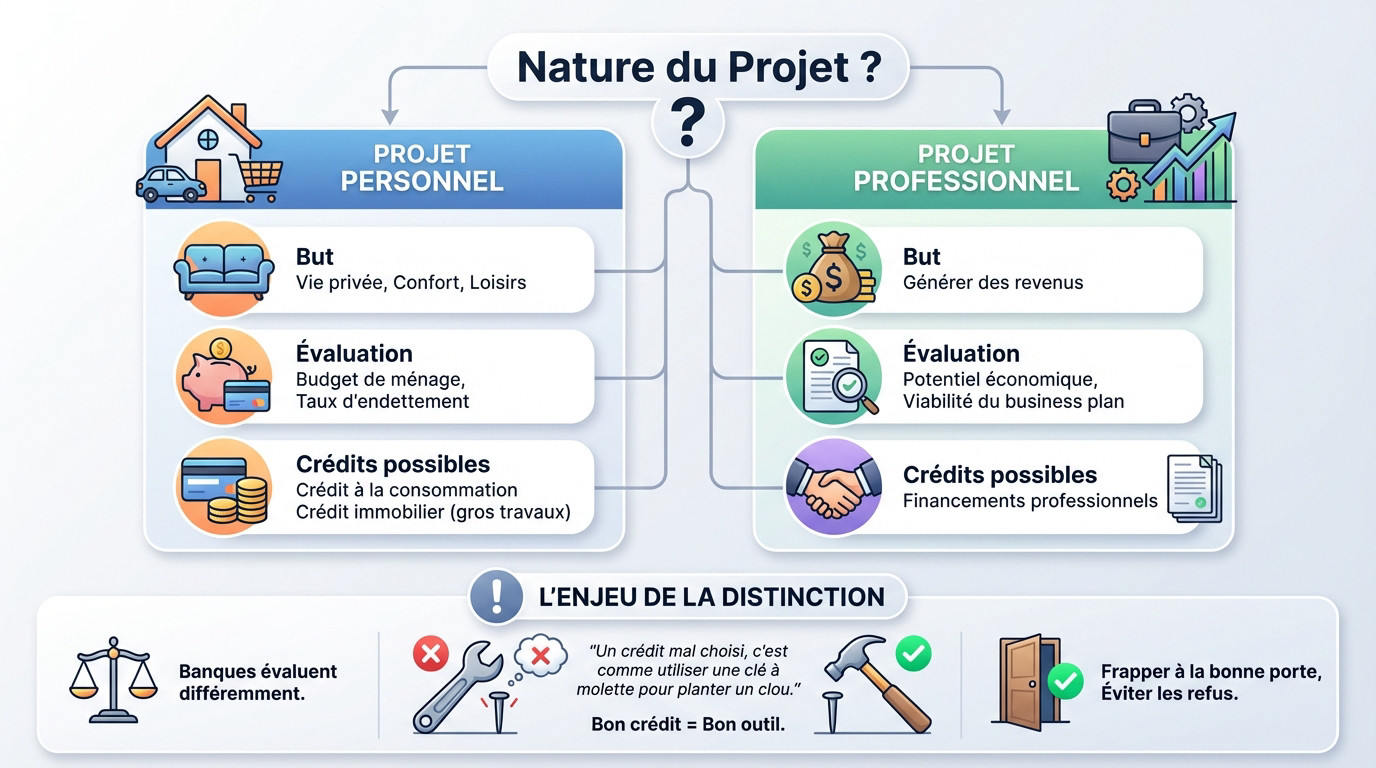 Illustration comparant le financement d'un projet personnel et professionnel