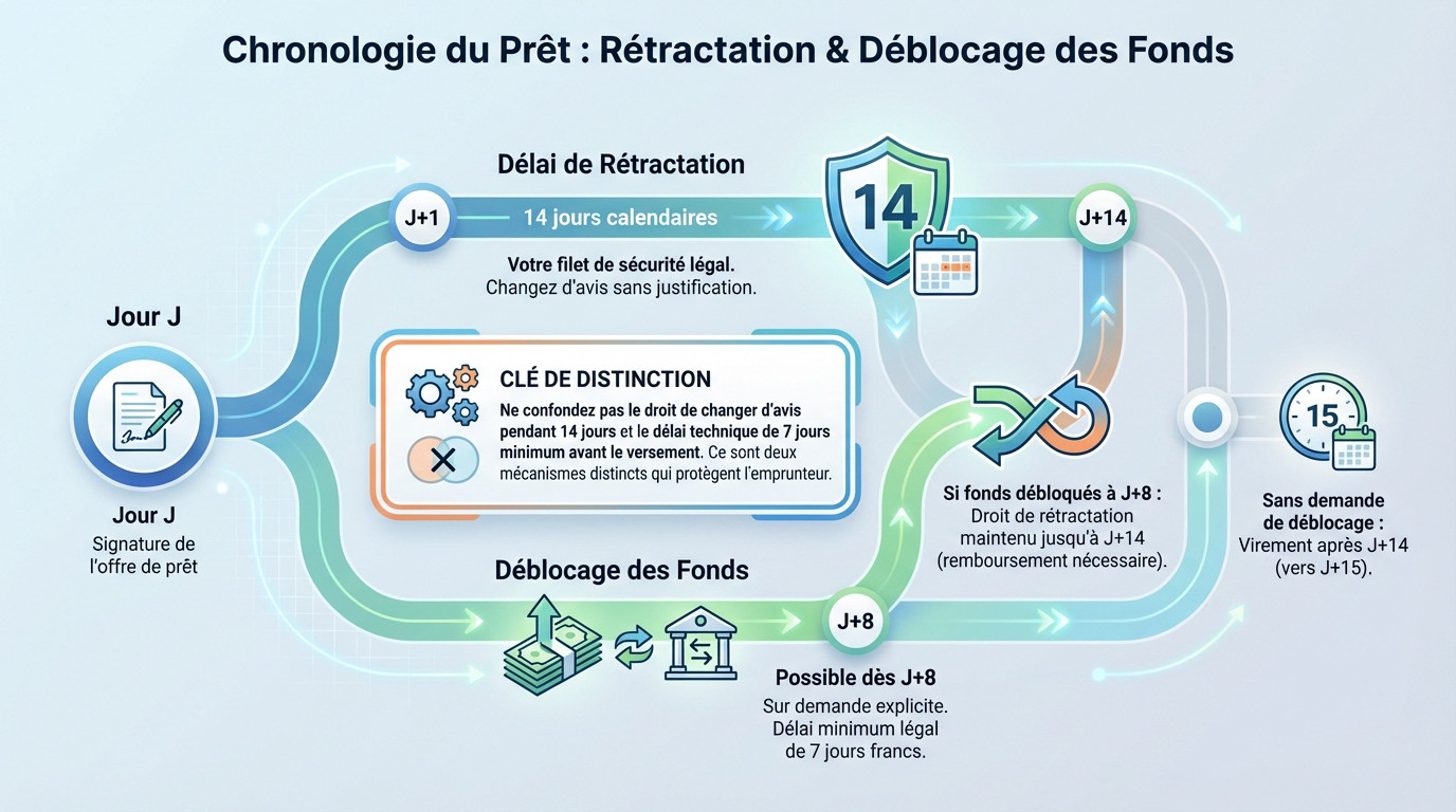 Schéma explicatif de la chronologie d'un prêt : signature, délai de rétractation et déblocage des fonds
