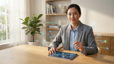 Professional woman with a reassuring smile at a modern desk, engaging with financial data on a tablet, surrounded by floating digital insights.