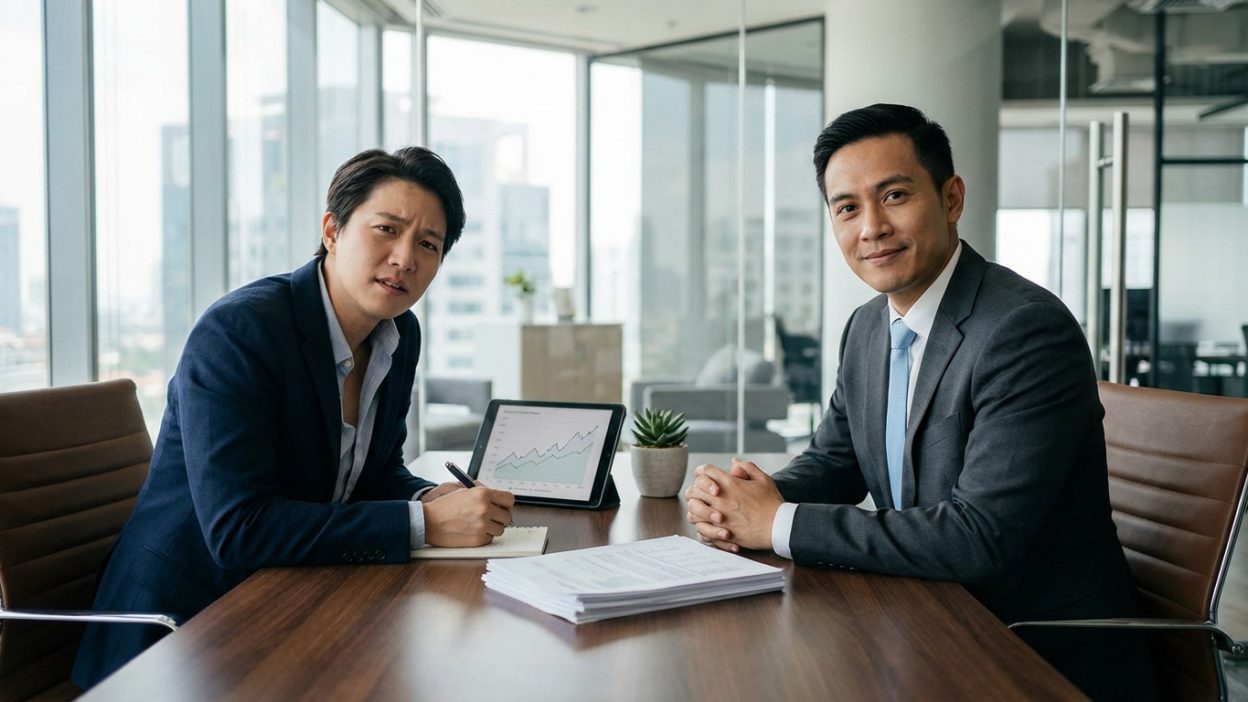 Two men, client and banker, discuss finances at a modern office desk with a tablet displaying graphs, documents, and a plant.