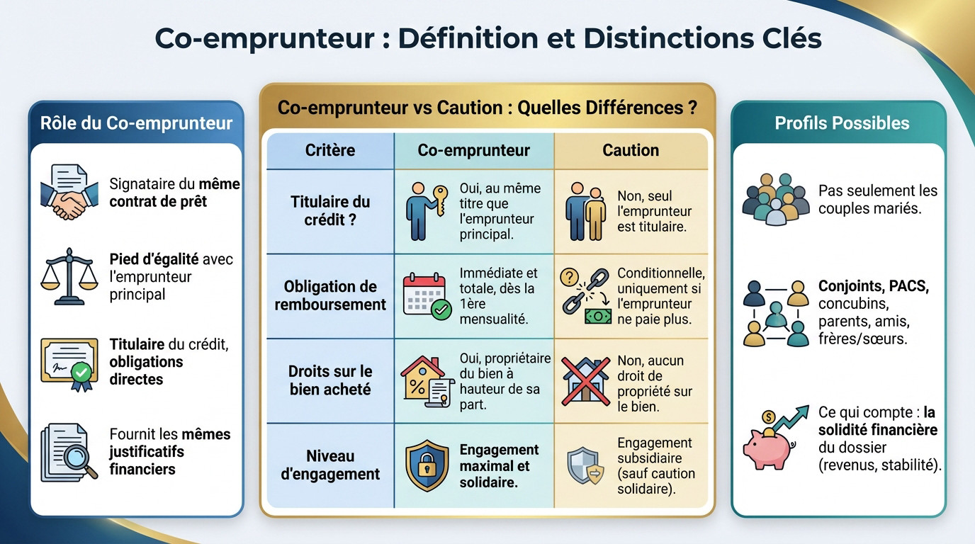 Schéma explicatif illustrant la différence d'engagement entre un co-emprunteur et une caution