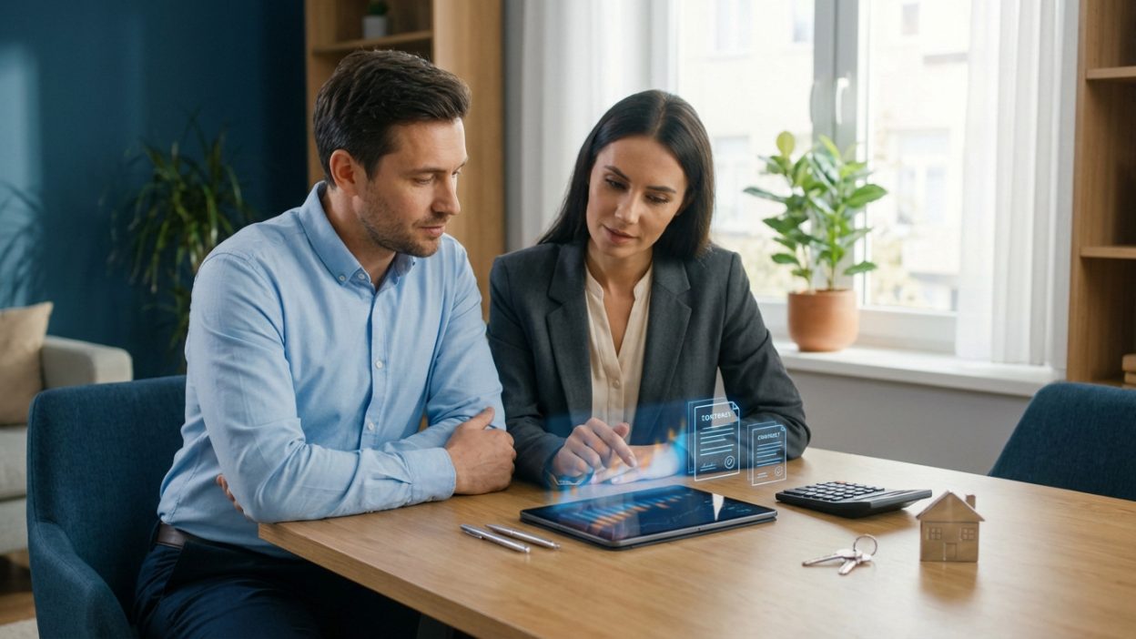 Two professionals review digital financial data and holographic contracts on a tablet, with a house model and keys on a modern table.