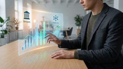 Personne en tenue décontractée chic comparant des offres de crédit sur un écran holographique avec des graphiques abstraits pour banques et fintechs.