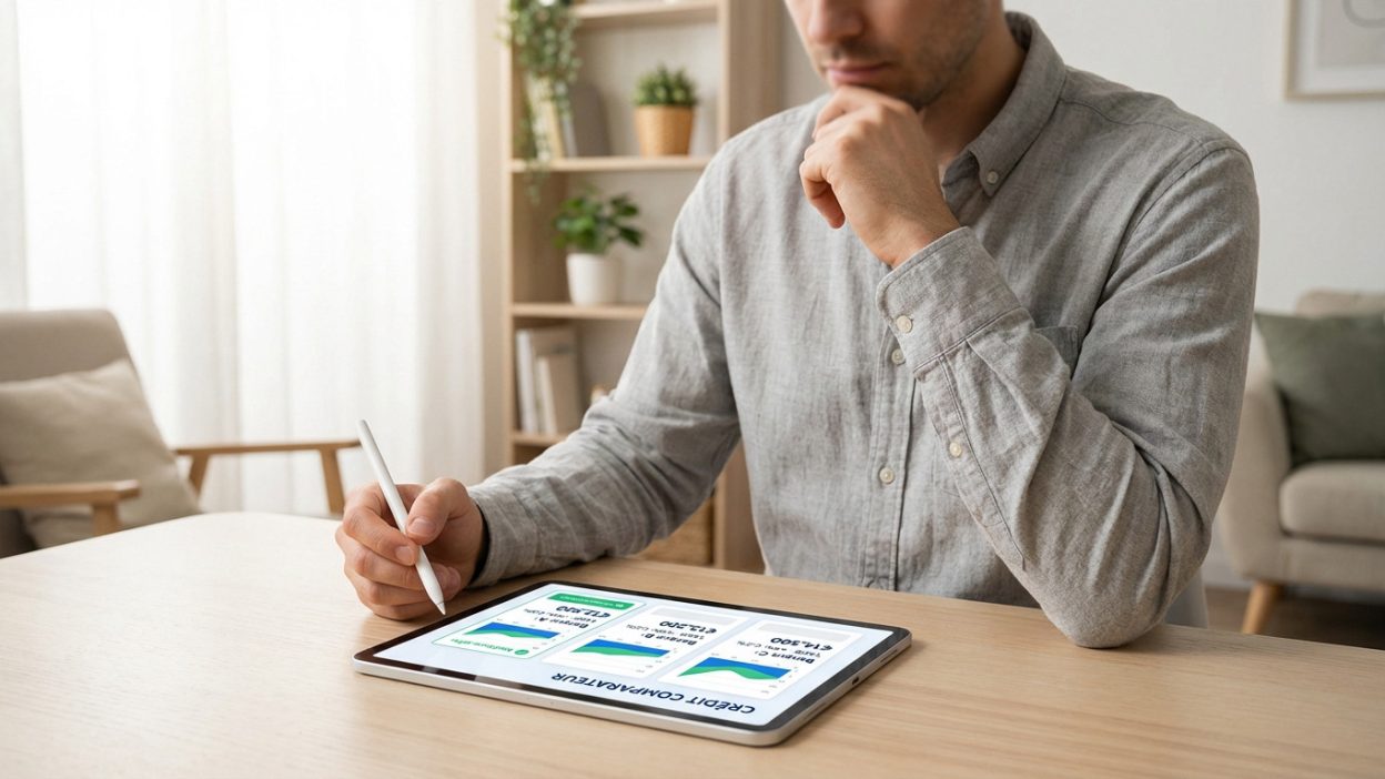 Un homme pensif analyse des offres de crédit sur une tablette. L'écran affiche un comparateur de prêts avec un choix optimal mis en évidence.