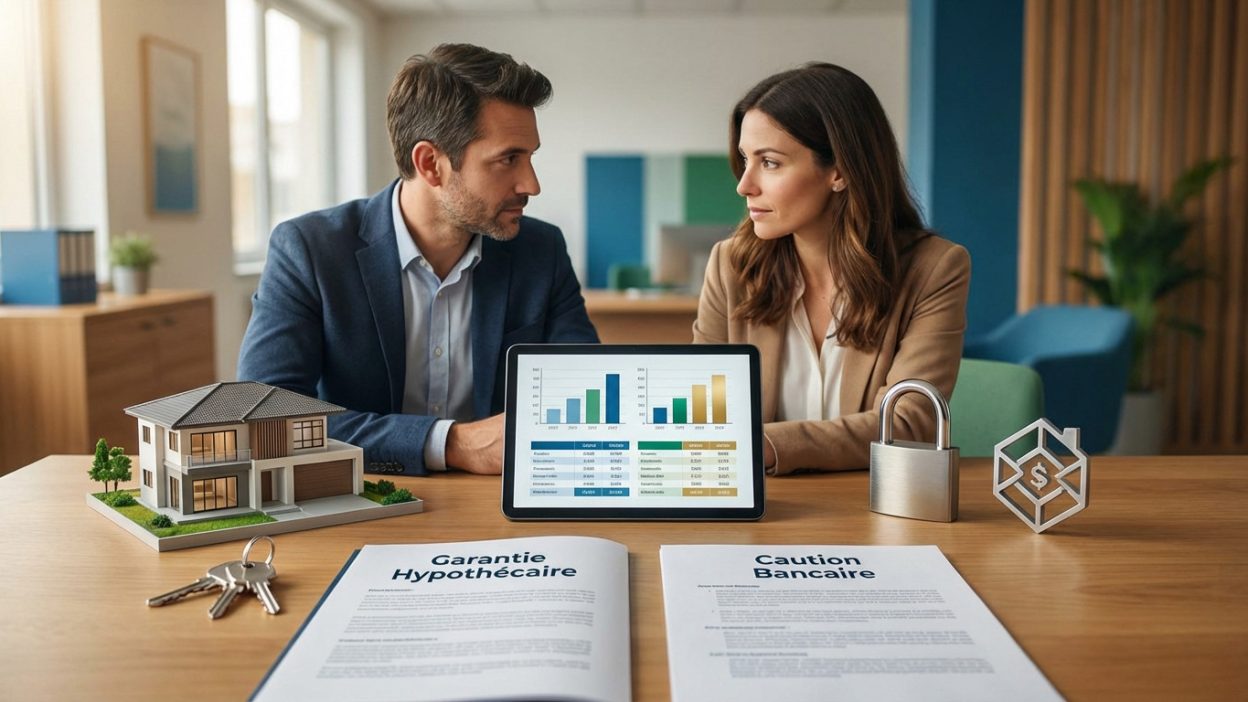 Un couple compare des options de prêt immobilier : Garantie Hypothécaire (maison, clés) et Caution Bancaire (cadenas, symbole financier) sur une tablette.