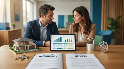 Un couple compare des options de prêt immobilier : Garantie Hypothécaire (maison, clés) et Caution Bancaire (cadenas, symbole financier) sur une tablette.