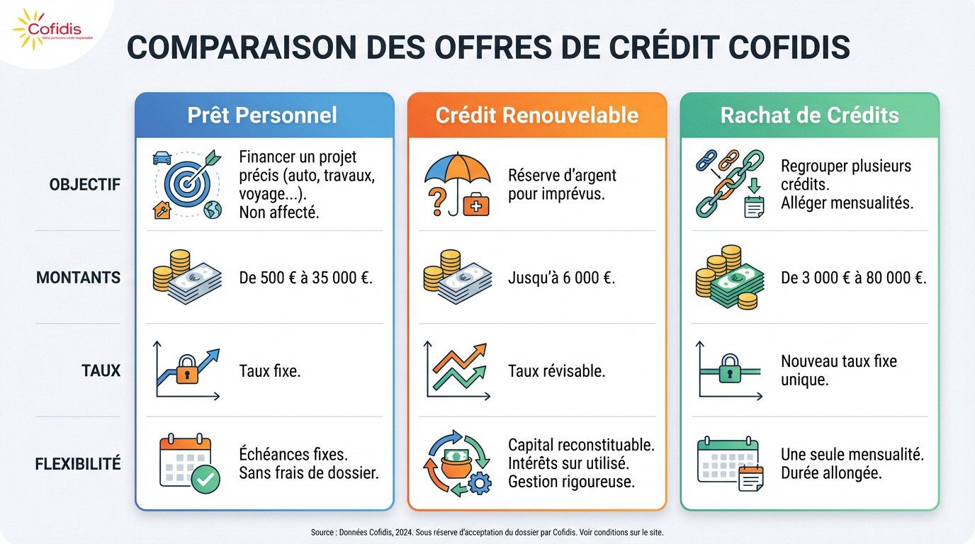 Tableau comparatif des offres de crédit Cofidis : prêt personnel, crédit renouvelable et rachat de crédits