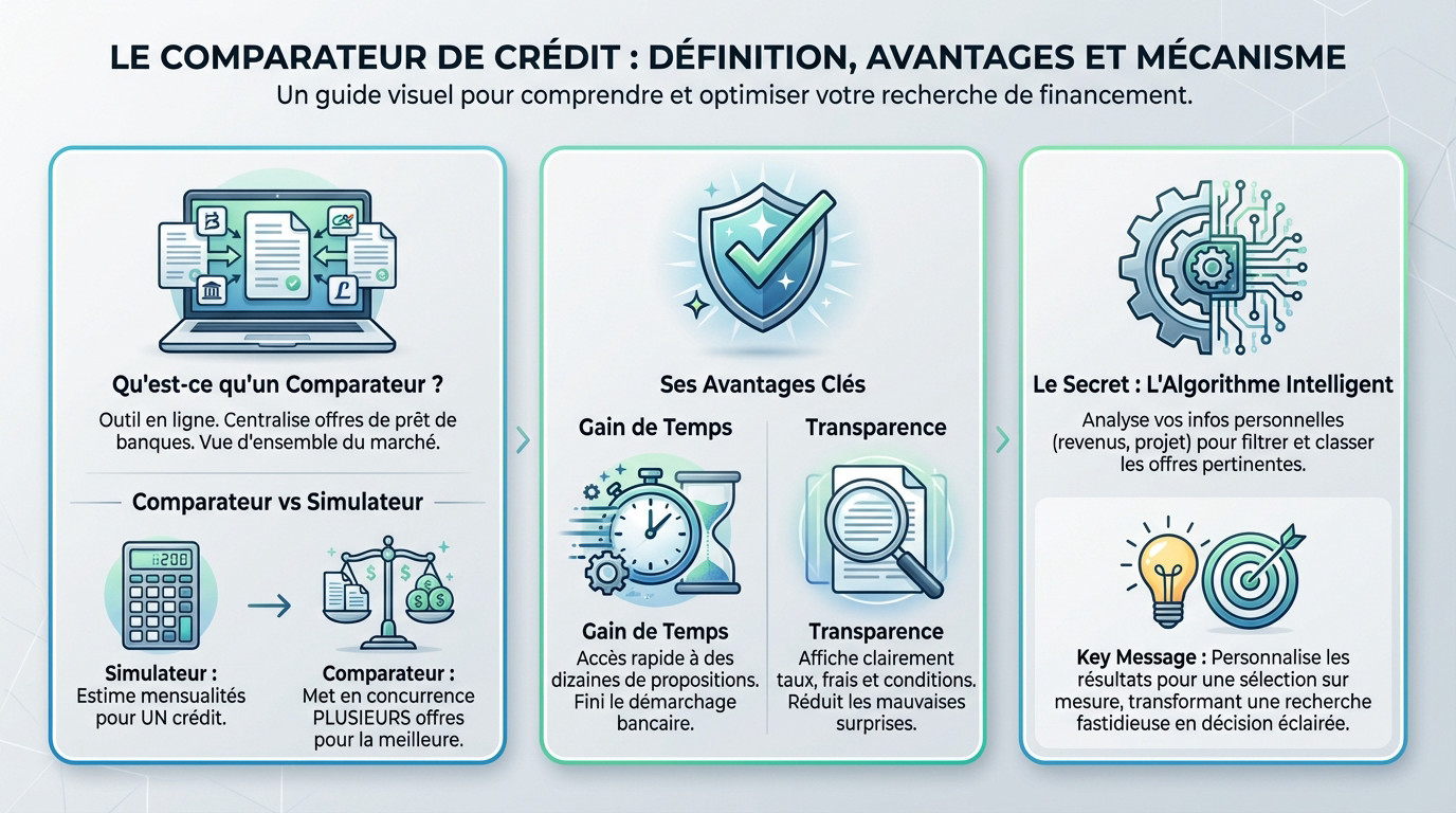 Schéma explicatif du fonctionnement et des avantages d'un comparateur de crédit en ligne