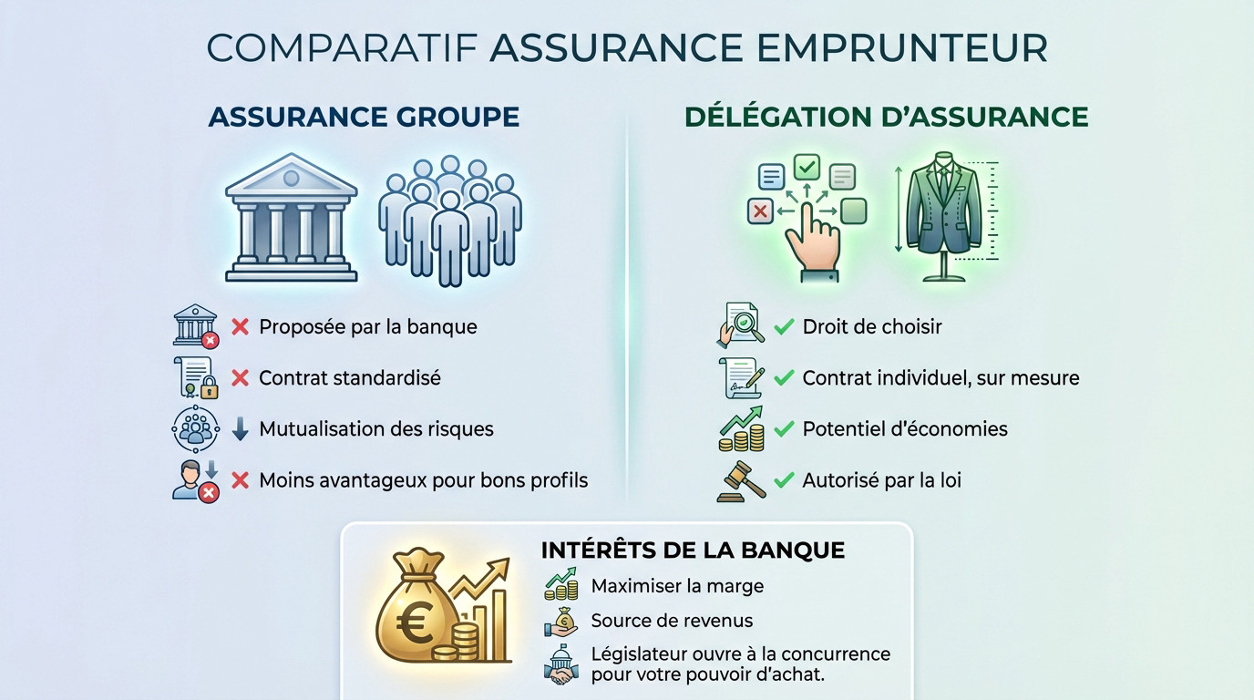 Comparatif visuel des économies réalisables entre une assurance groupe bancaire et une délégation d'assurance individuelle