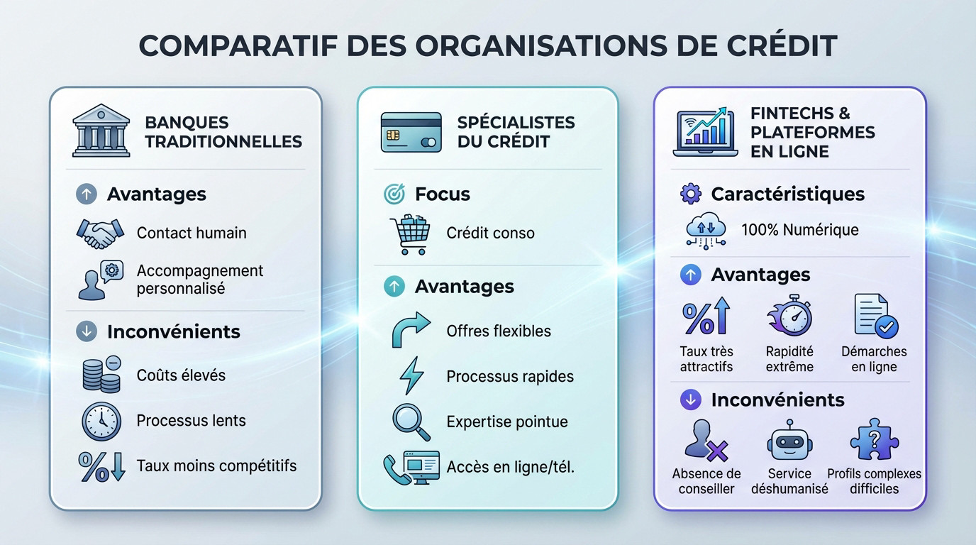 Comparatif visuel des trois types d'organismes de crédit : banques, spécialistes et fintechs