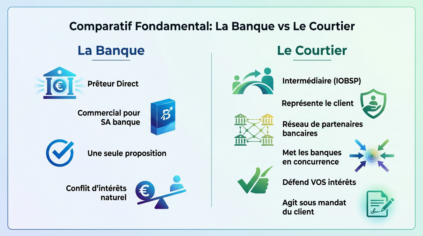 Schéma comparatif illustrant les différences entre une demande de crédit via une banque et via un courtier
