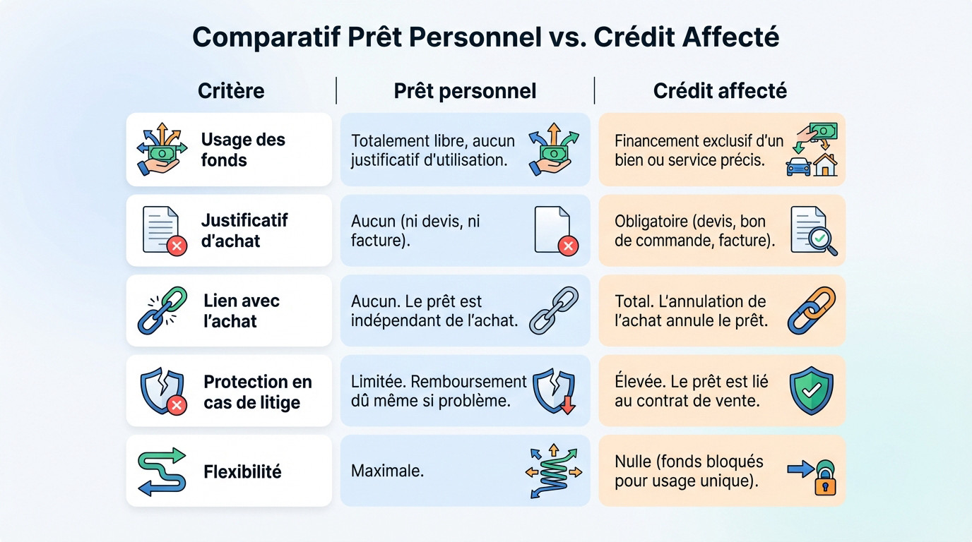 Tableau comparatif illustrant les différences entre prêt personnel et crédit affecté
