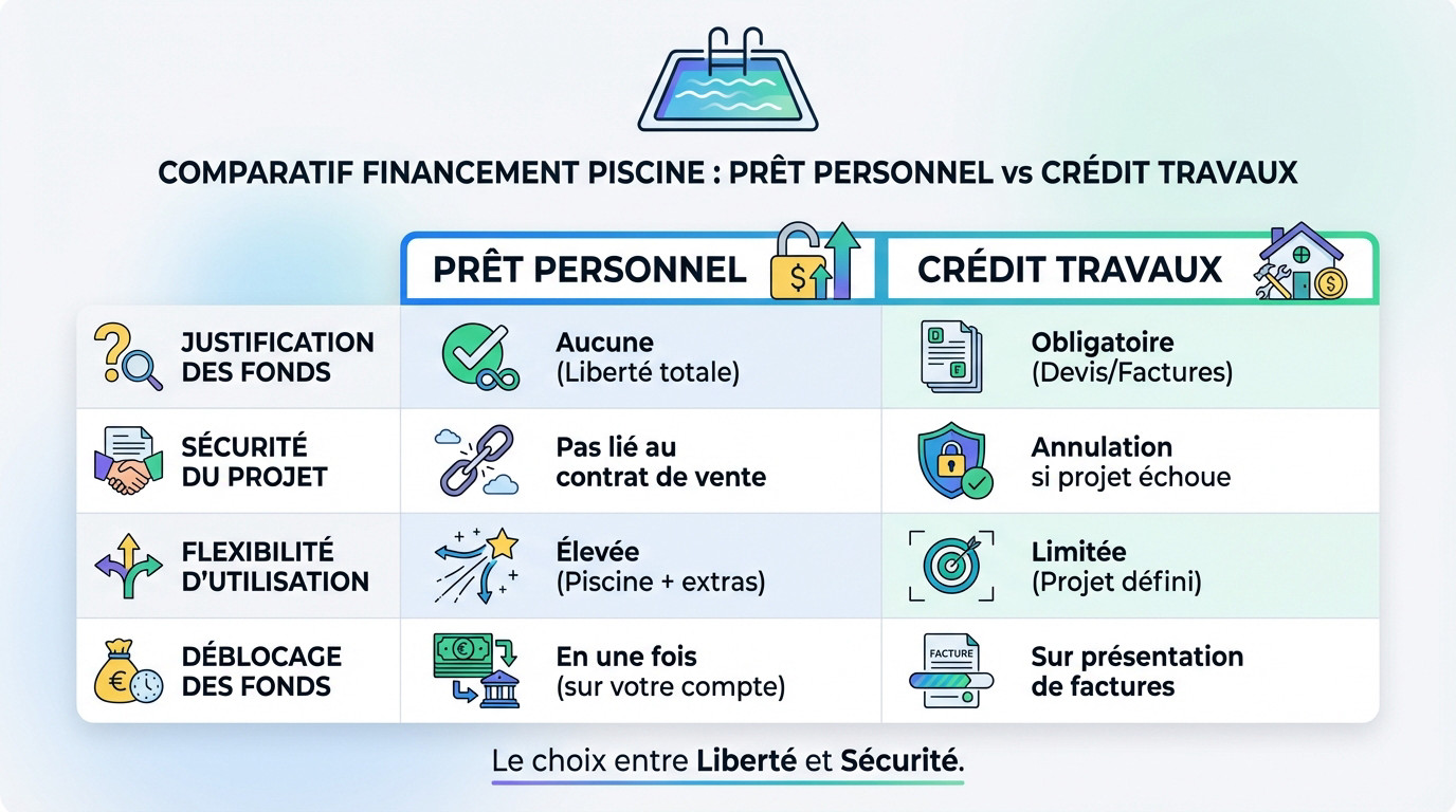 Comparatif visuel entre prêt personnel et crédit travaux pour financer une piscine