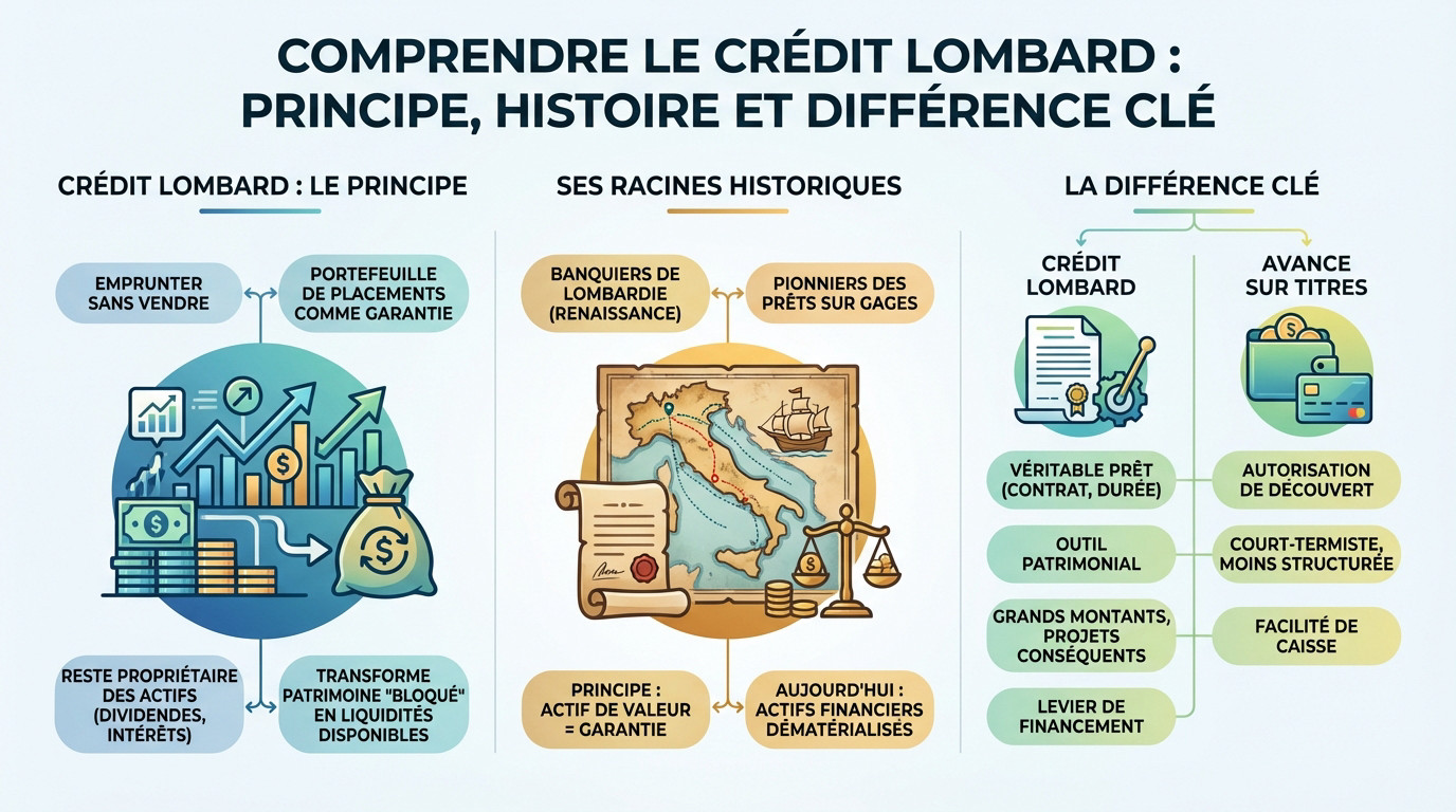 Illustration du concept de crédit lombard : des pièces d'or et des documents financiers symbolisant l'emprunt sur actifs