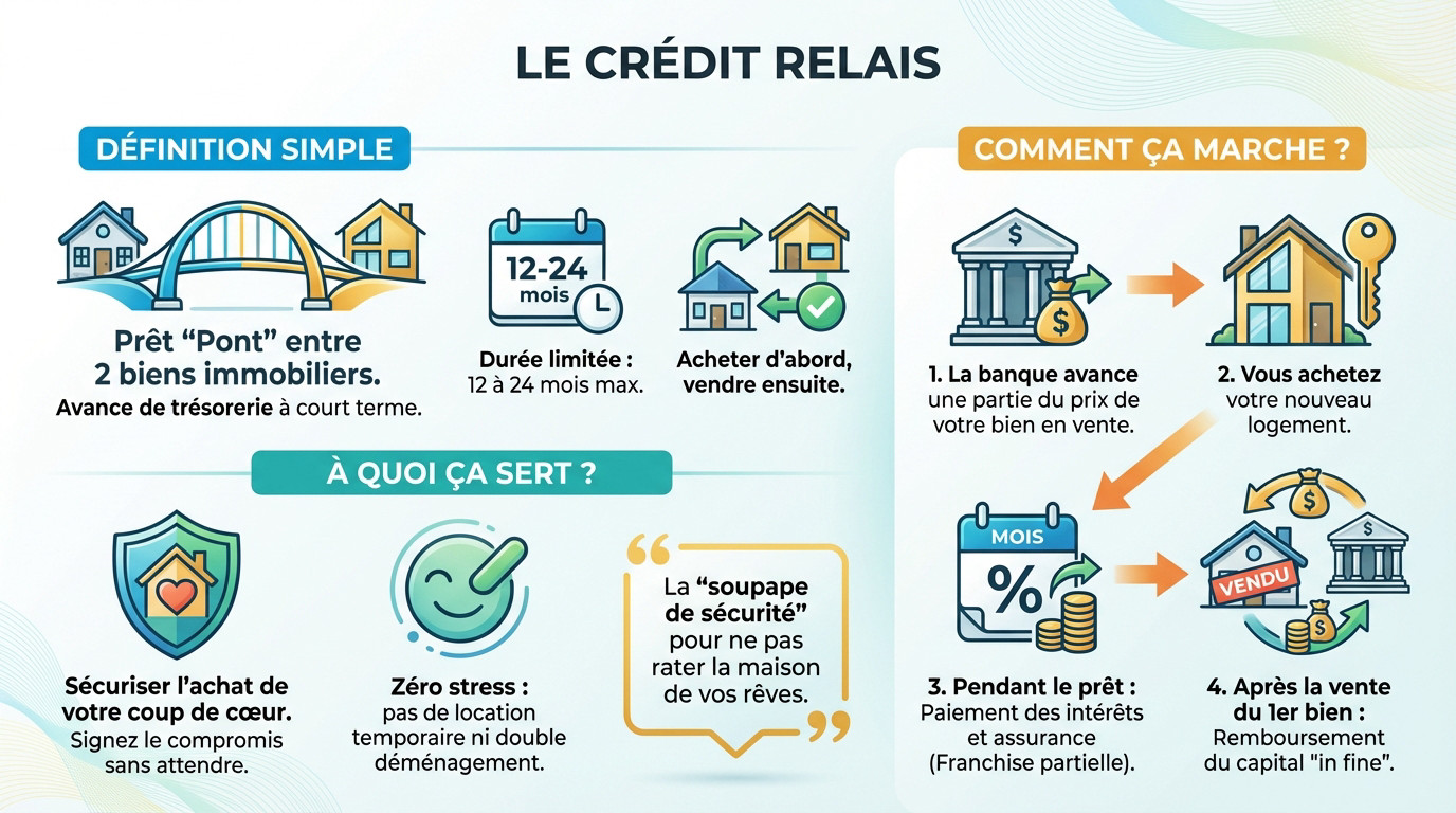 Schéma explicatif du fonctionnement d'un crédit relais immobilier entre l'achat et la vente