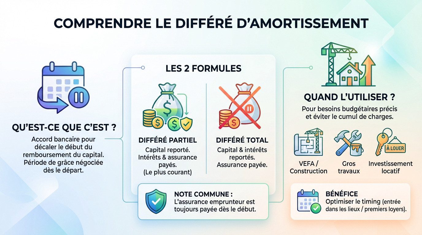 Schéma explicatif du fonctionnement d'un différé d'amortissement pour un crédit immobilier