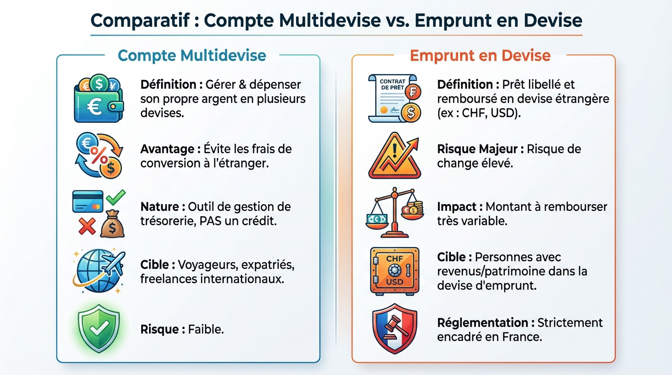 Schéma comparatif expliquant la différence entre un compte bancaire multidevise et un emprunt contracté en devise étrangère