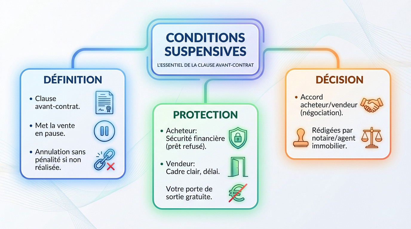 Schéma explicatif du fonctionnement des conditions suspensives protégeant acheteur et vendeur