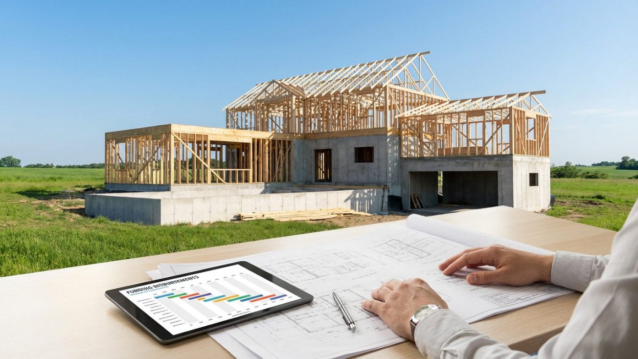 Hands on blueprints and a tablet showing financial data, with a house under construction in the background under a clear blue sky.