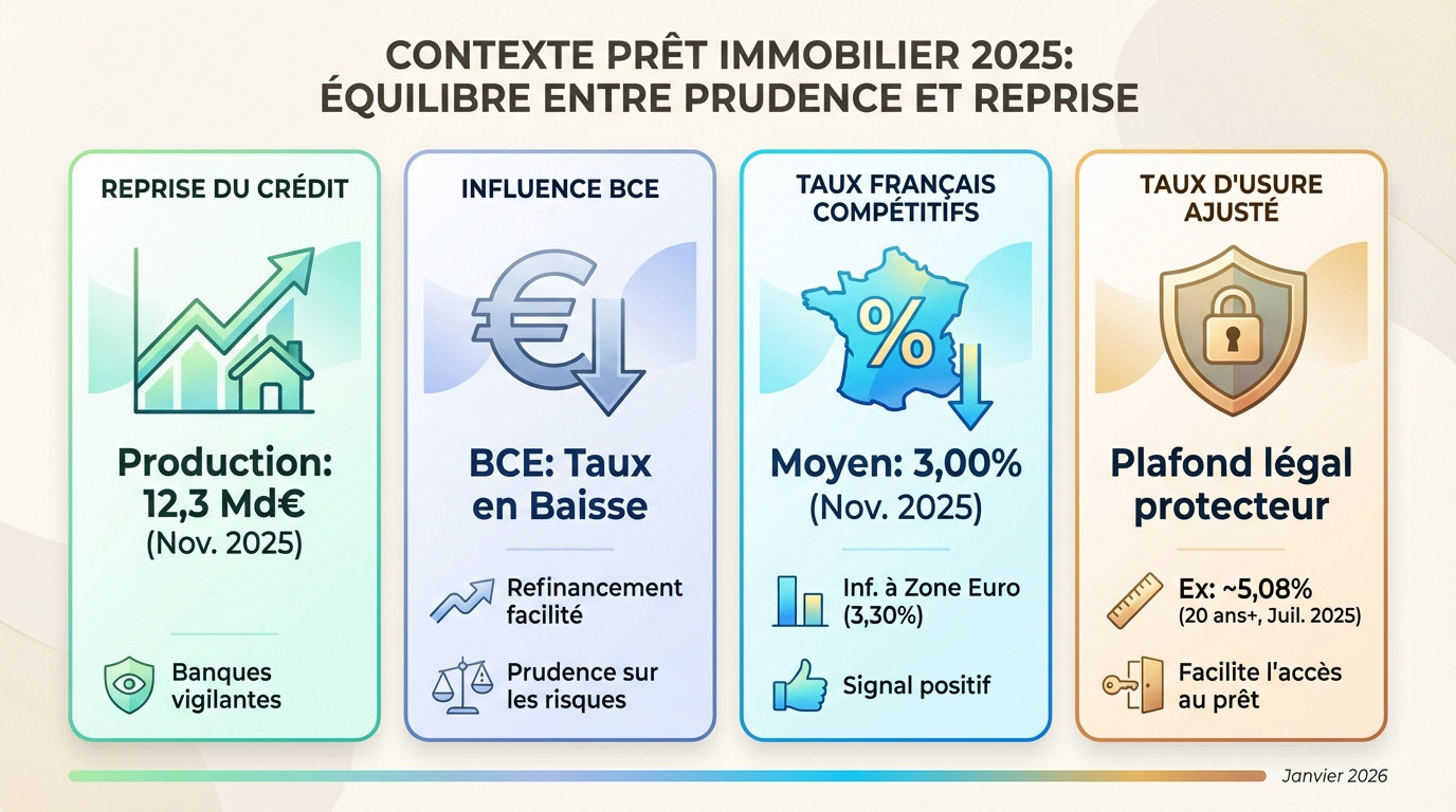 Graphique illustrant la <strong>reprise de la production de crédit</strong> immobilier et la baisse des taux en 2025&Prime; width= »100% » />
</p>
<h3>Le marché du crédit respire à nouveau, mais avec prudence</h3>
<p>Après le creux de la vague, la machine repart enfin. On constate que les banques prêtent plus facilement en 2025, avec une <a href=