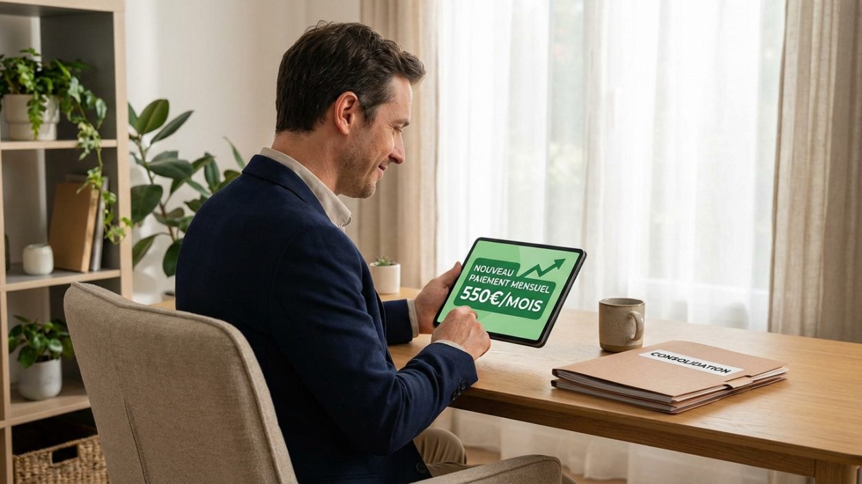Homme en 30-40 ans souriant devant une tablette affichant "550€/mois" et un graphique positif, symbolisant la consolidation de crédit.