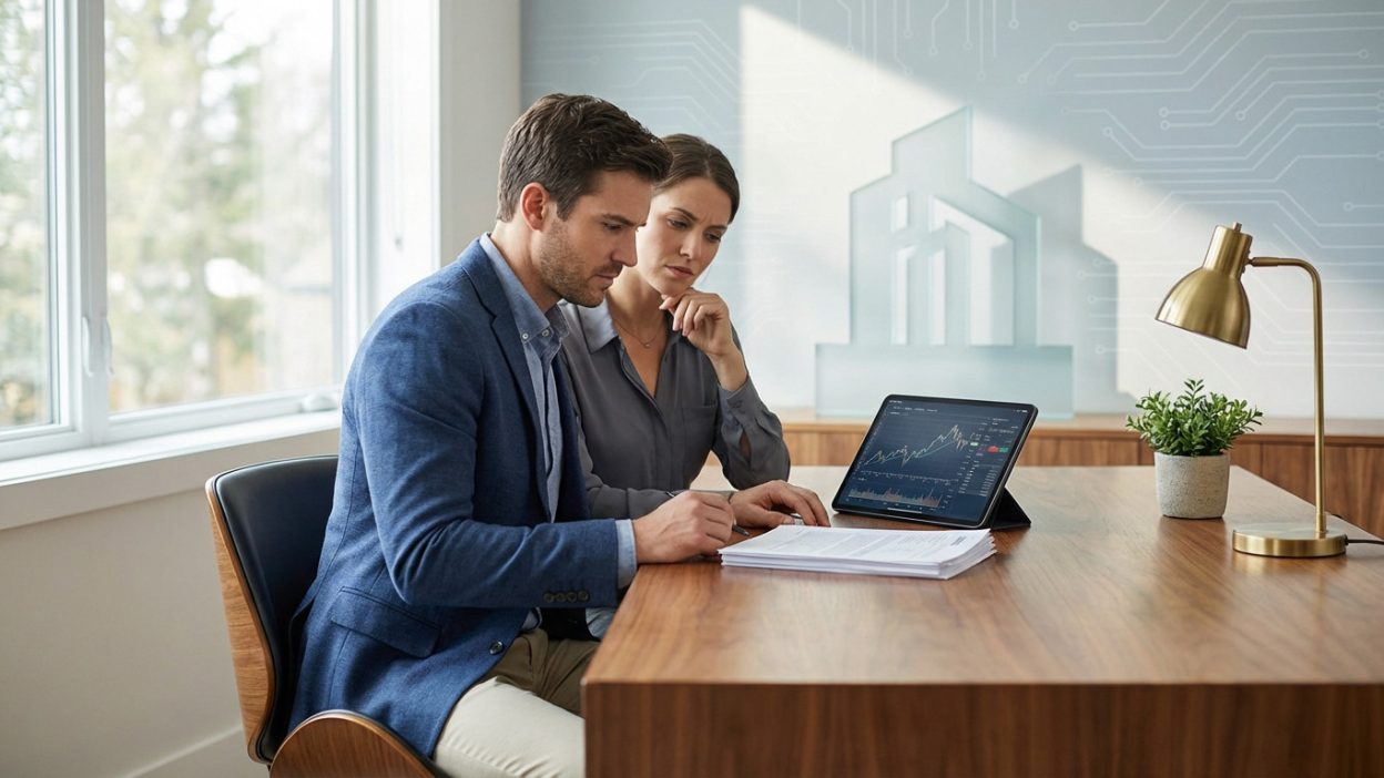 Young couple thoughtfully reviewing financial charts on a tablet and documents at a modern desk in a bright office. Abstract background.