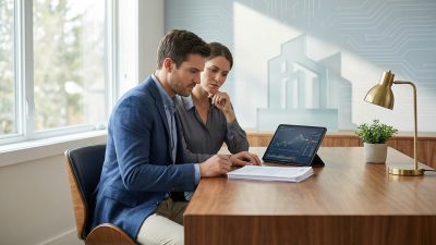 Young couple thoughtfully reviewing financial charts on a tablet and documents at a modern desk in a bright office. Abstract background.