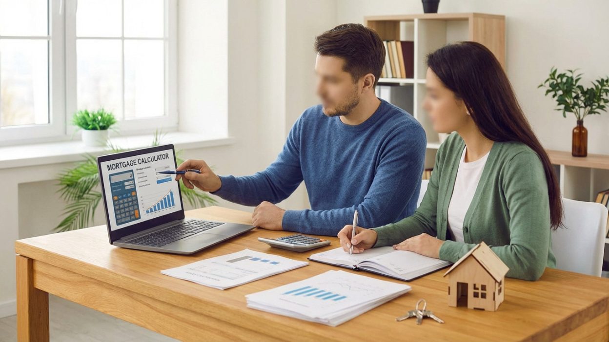 A couple meticulously plans finances at a desk. Laptop shows a mortgage calculator, with documents, a house model, and keys.