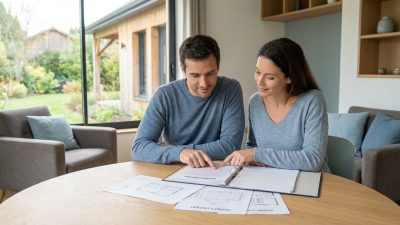 Un couple examine un avant-contrat immobilier sur une table en bois clair. L'homme pointe un détail. Lumière naturelle et cadre serein.