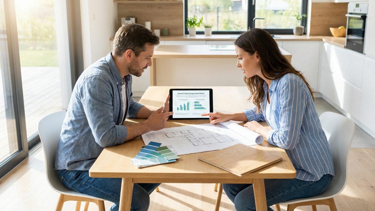 A man and woman discuss home renovation plans, viewing financial comparisons on a tablet alongside blueprints, paint, and flooring samples.