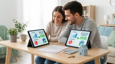 Smiling couple reviews financial infographics on tablets at a modern desk with documents, calculator, house key, planning homeownership.