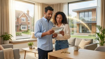 Diverse couple in modern living room reviews tablet with upward graph. New keys. Traditional and modern homes linked by a golden arc.