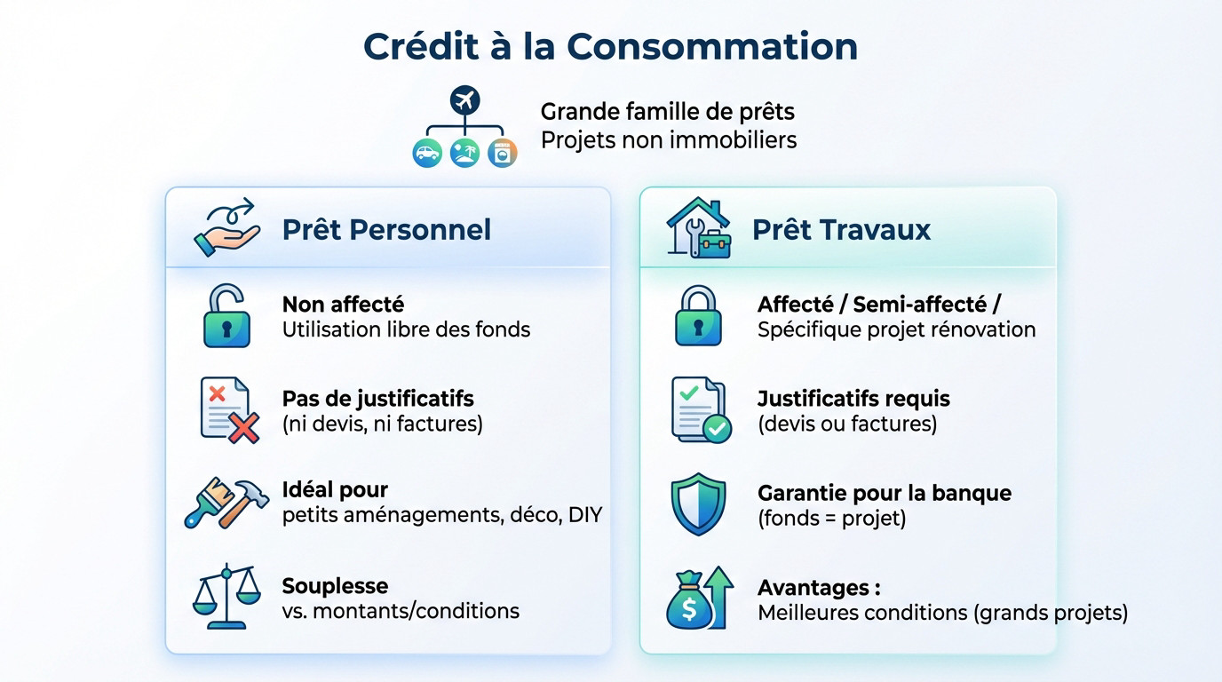 Comparaison visuelle entre un prêt personnel flexible et un prêt travaux affecté à un projet de rénovation