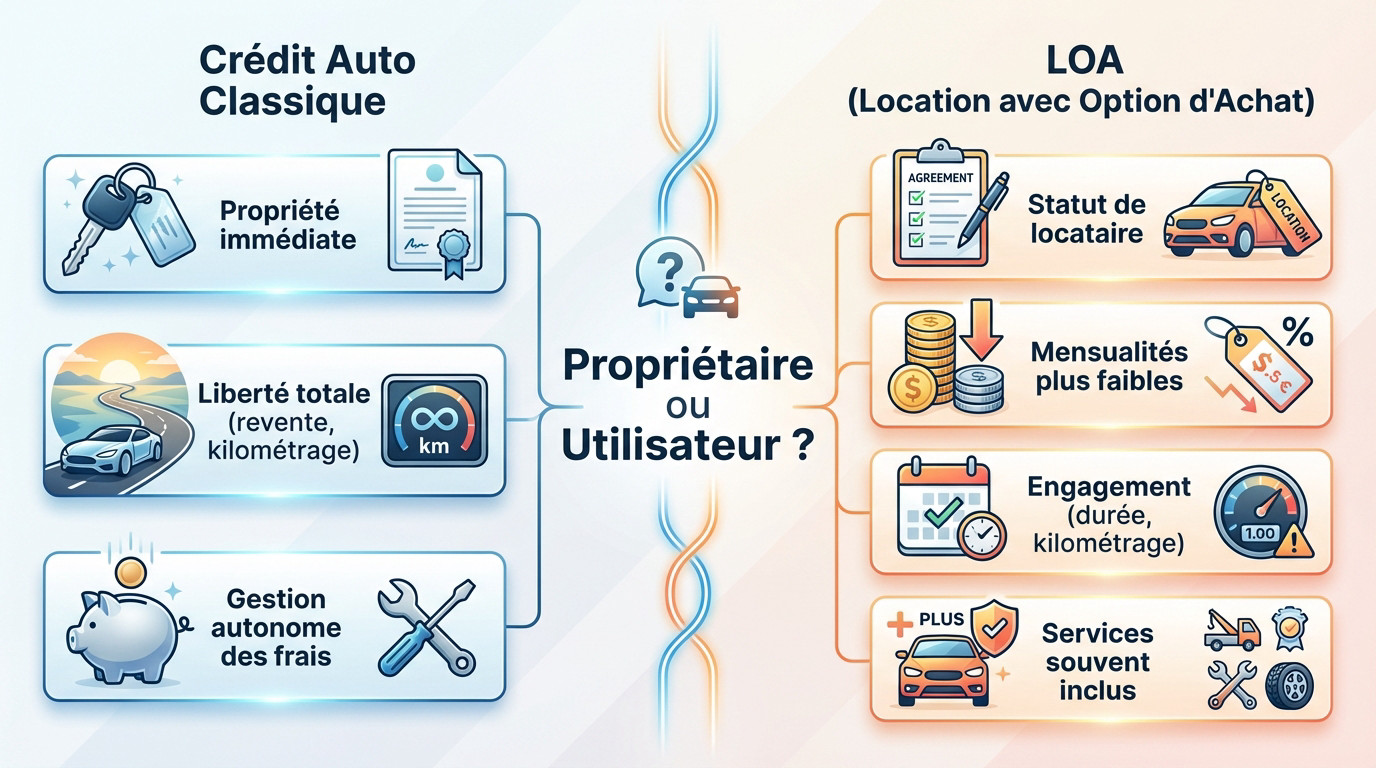 Comparatif visuel entre le crédit auto classique et la LOA pour choisir son financement