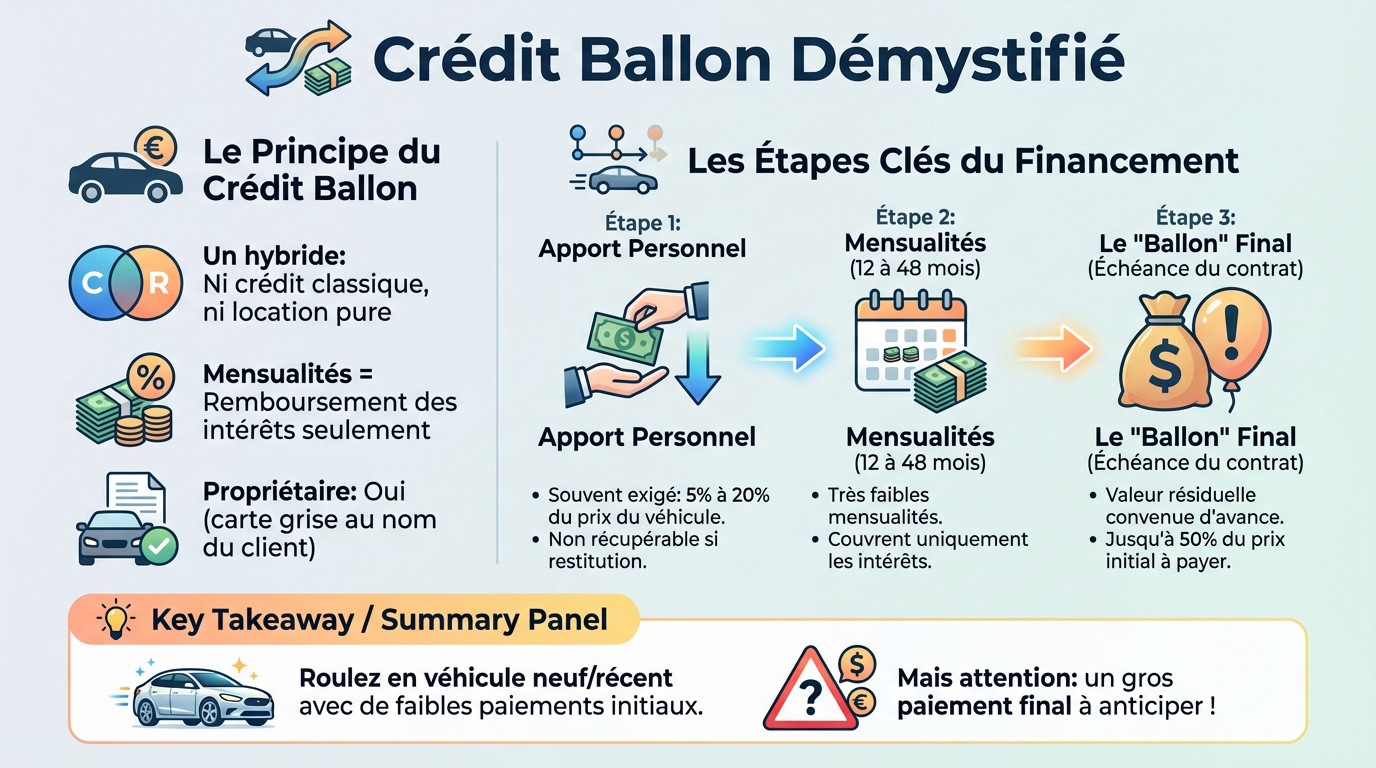 Schéma explicatif du fonctionnement d'un crédit ballon auto et de ses options de fin de contrat