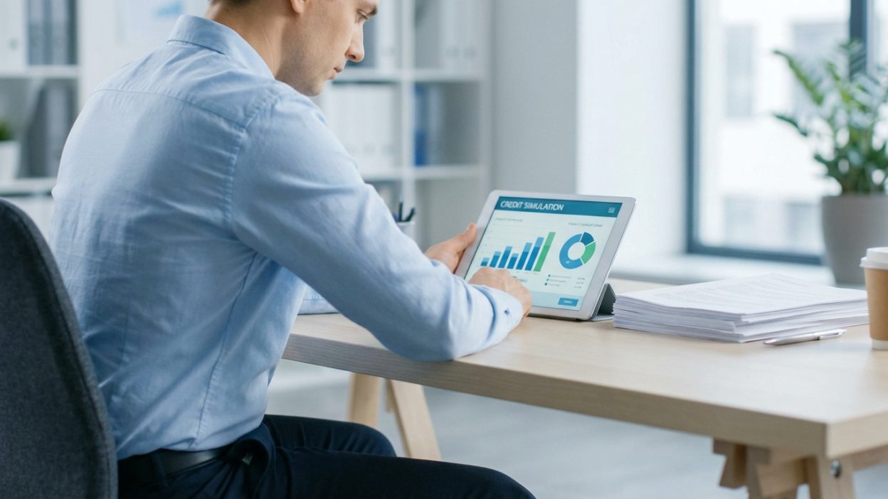 A professional reviews a credit simulation on a tablet at a tidy desk with financial documents, in a bright, modern office setting.
