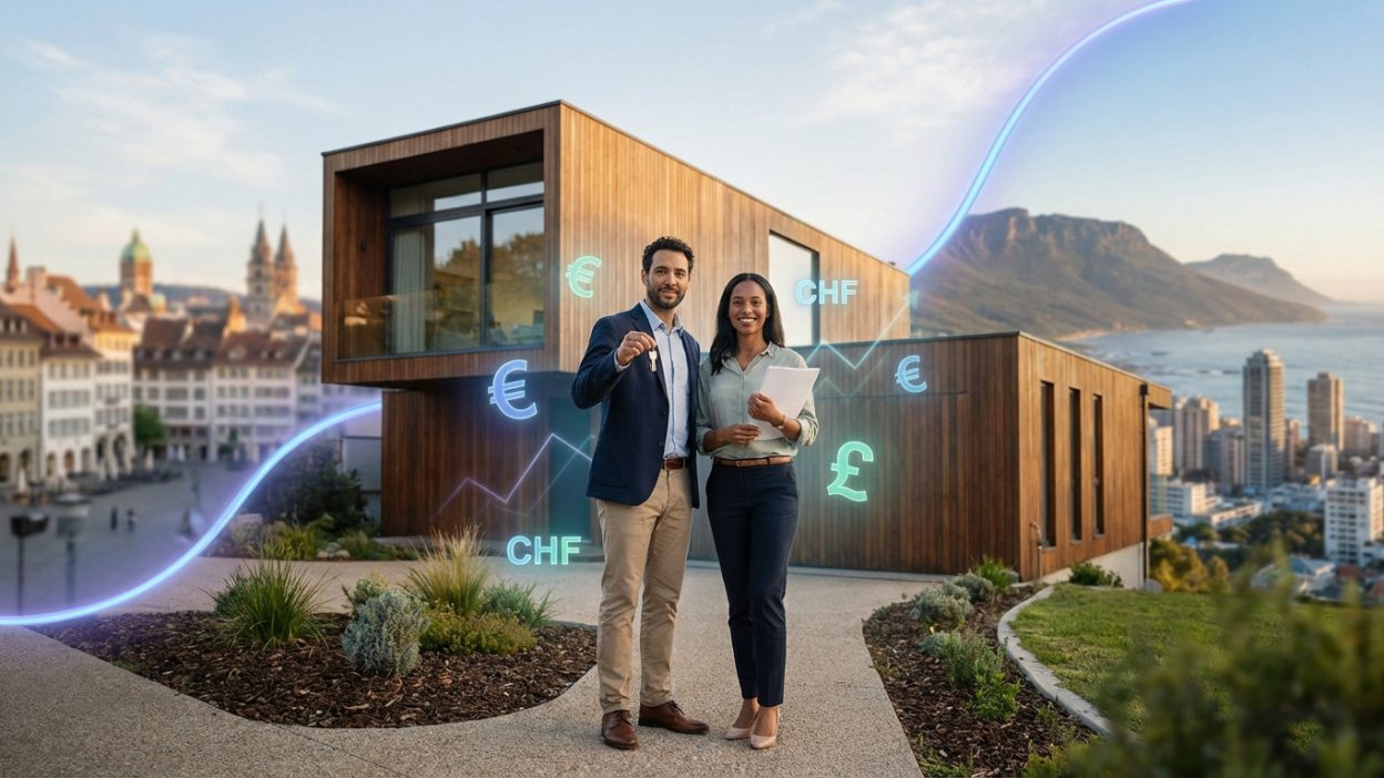 A couple with keys and document stands before a modern house. Glowing currency symbols, graph lines, and two cityscapes divided by a glowing border represent cross-border real estate financing.